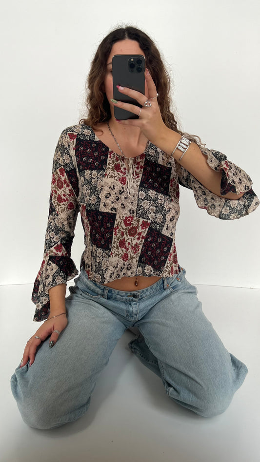 00s red floral long sleeve top- size L