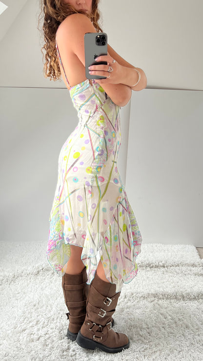 00s cream pink floral silk midi dress- size S