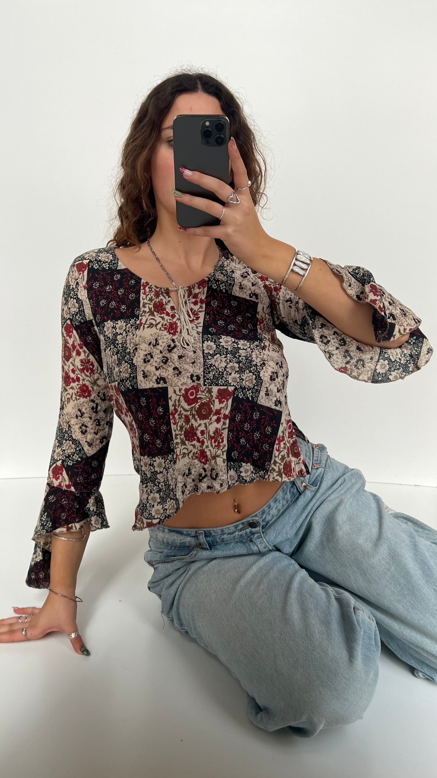 00s red floral long sleeve top- size L