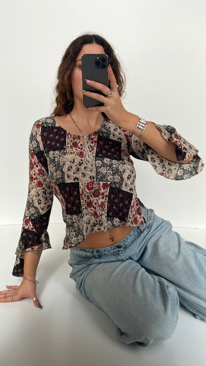 00s red floral long sleeve top- size L