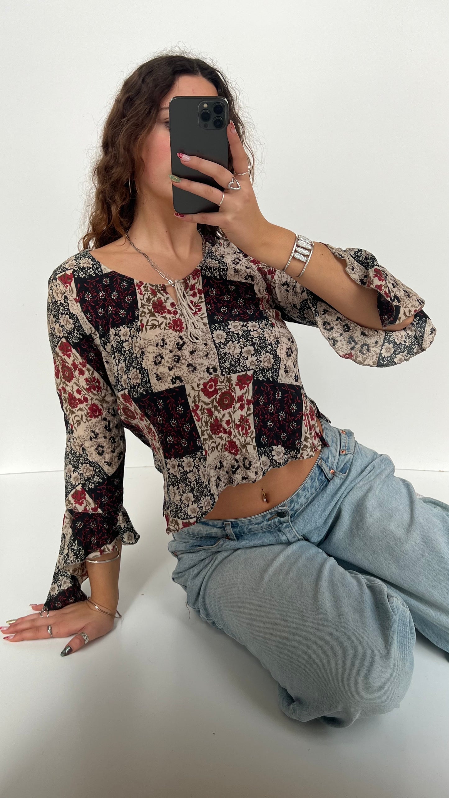 00s red floral long sleeve top- size L