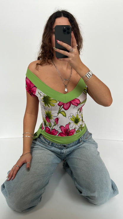 00s green pink floral top- size S