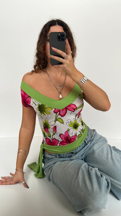 00s green pink floral top- size S