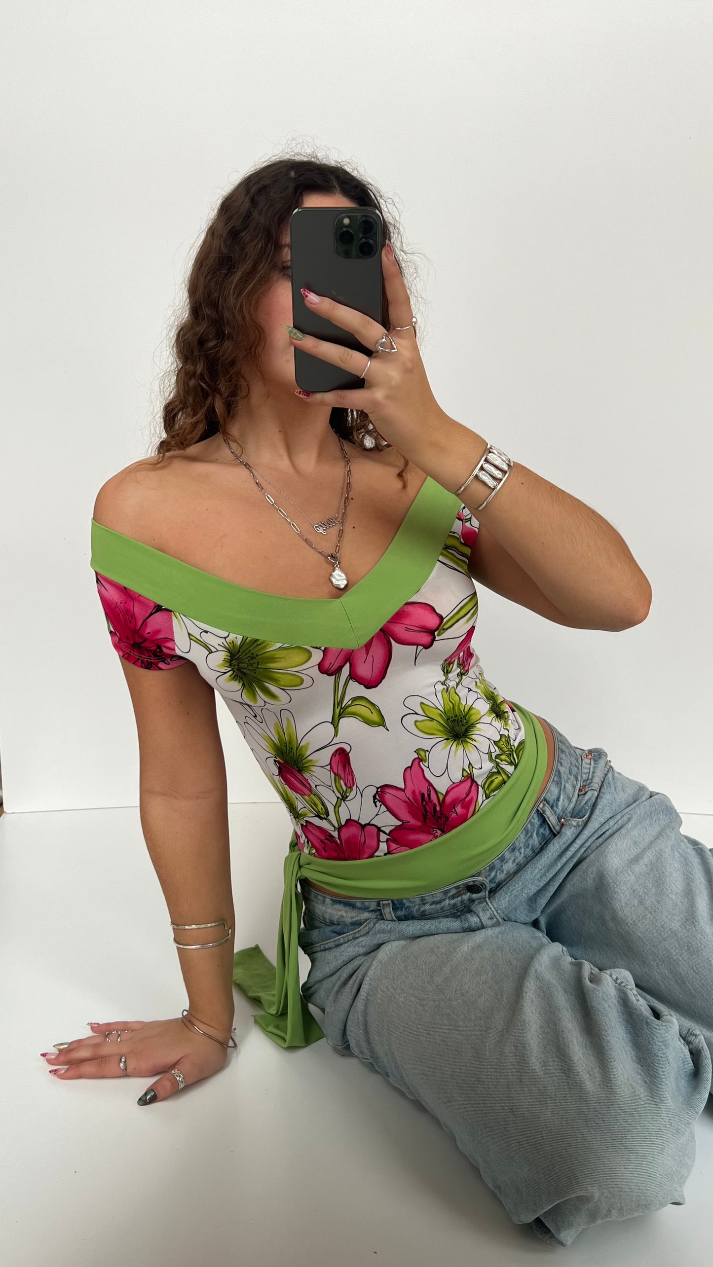 00s green pink floral top- size S