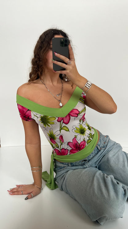 00s green pink floral top- size S