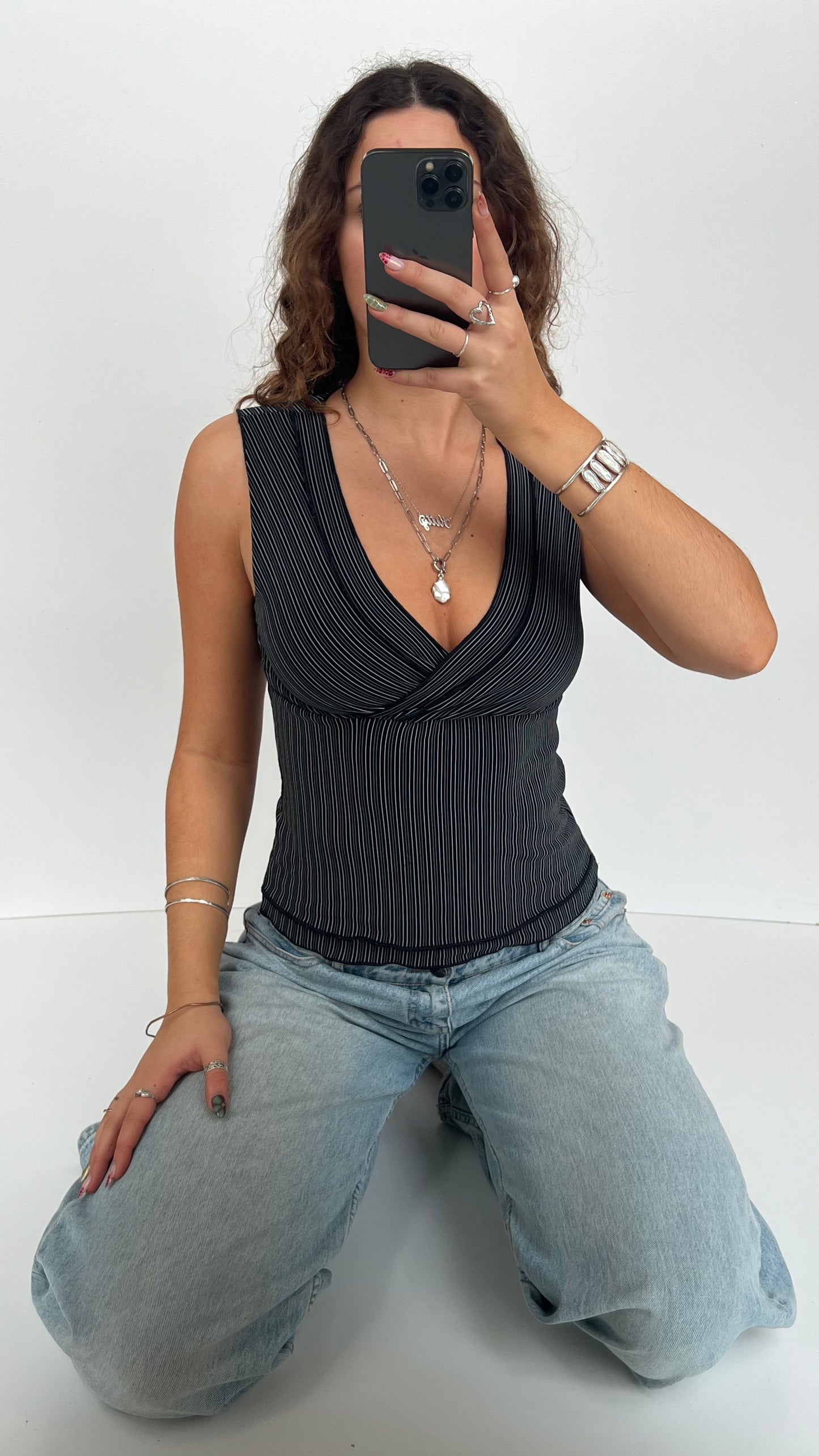 00s black pinstripe top- size S/M