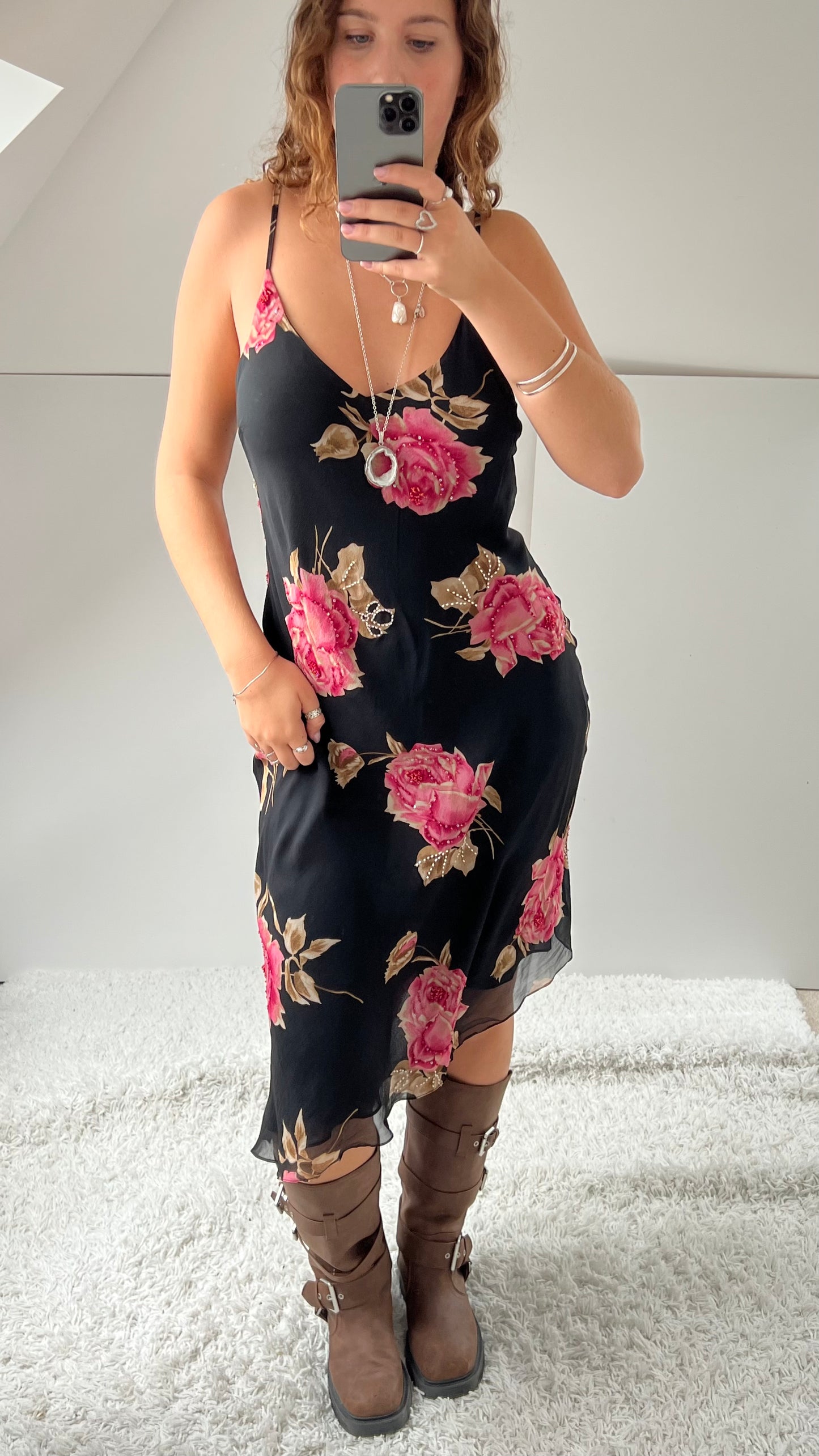 00s black mesh beaded midi dress- size M