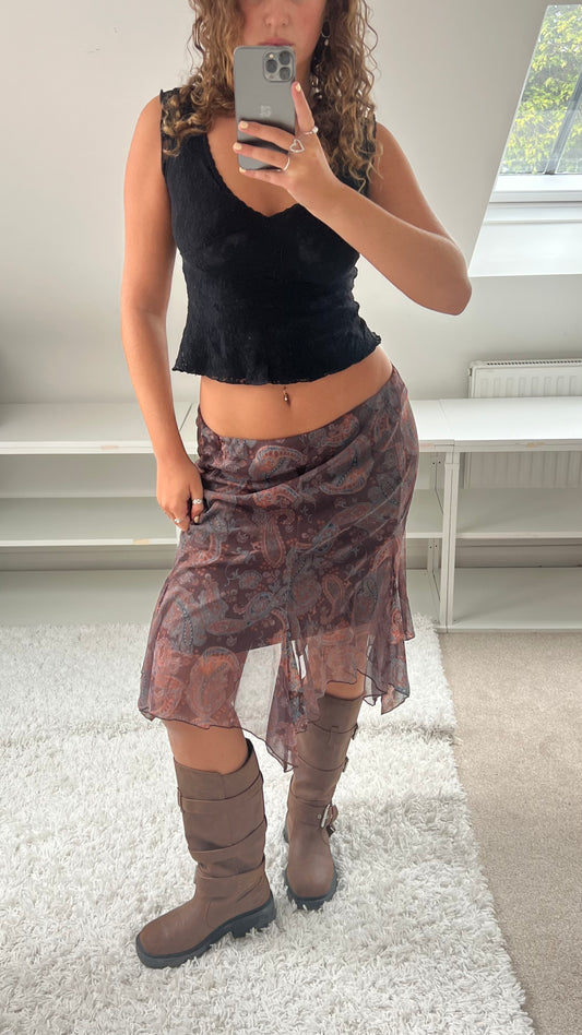 00s brown boho mesh midi skirt- size S