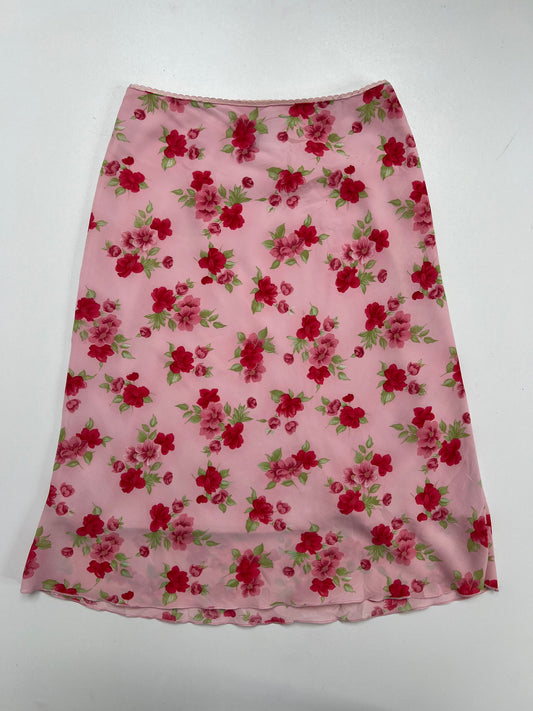 00s pink mesh floral midi skirt- size XS