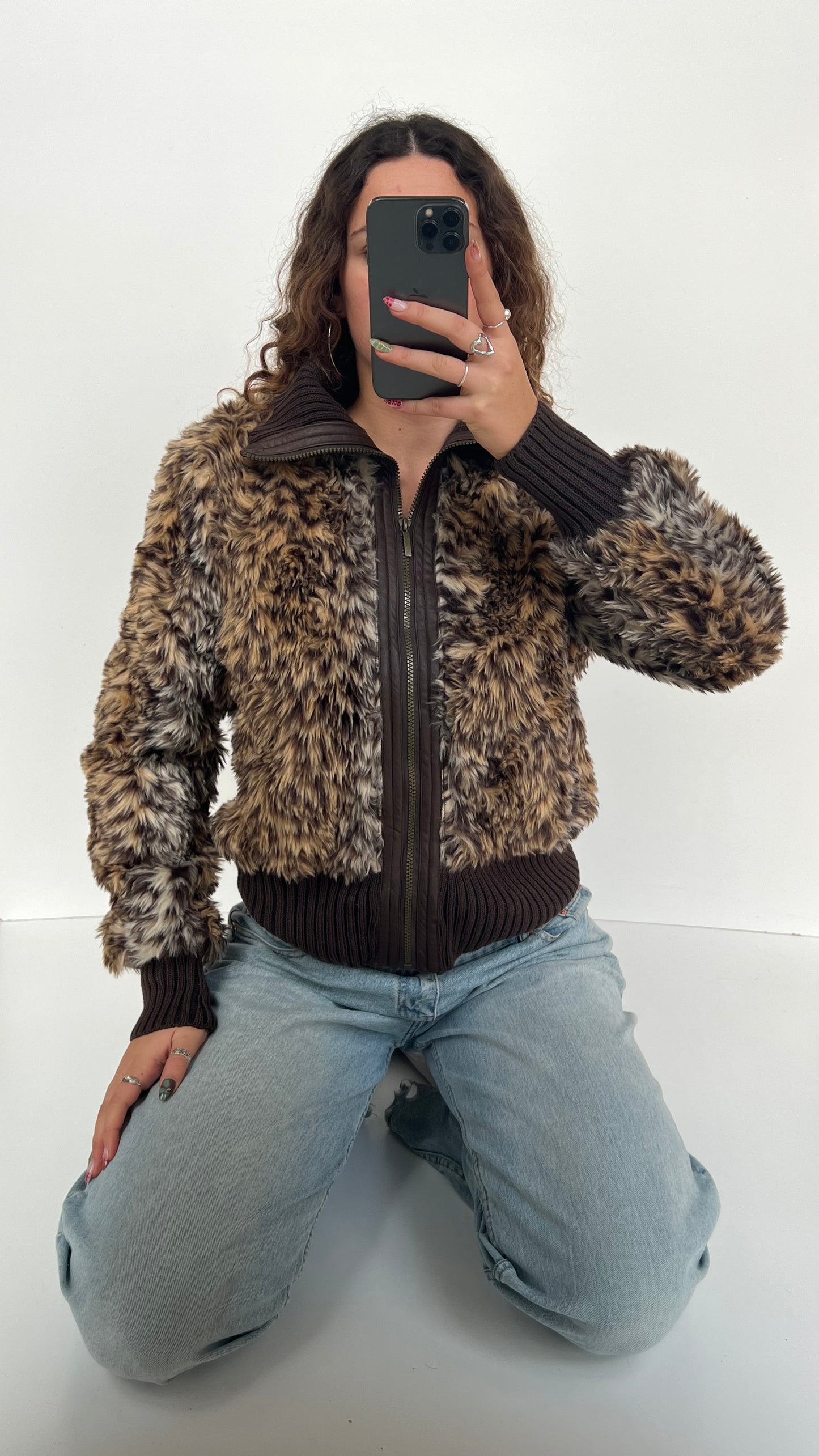 00s brown leopard print fur jacket- size XL