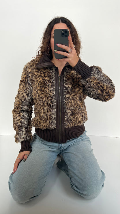 00s brown leopard print fur jacket- size XL