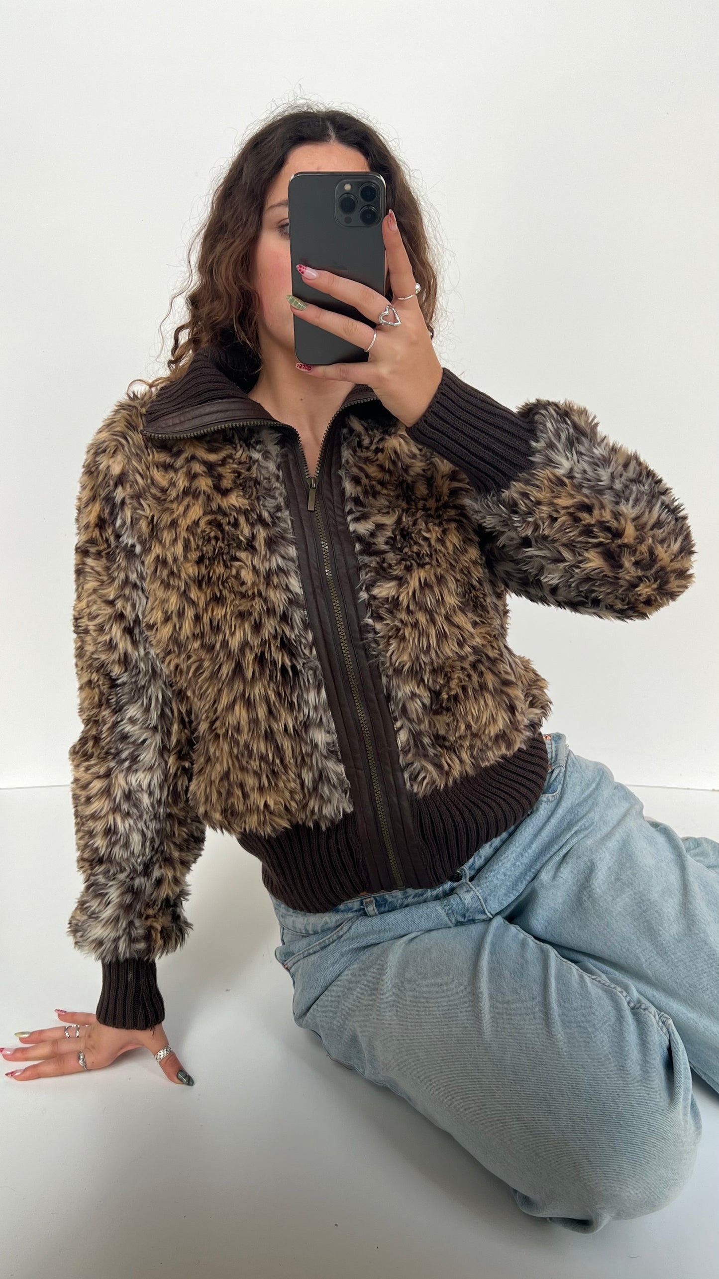 00s brown leopard print fur jacket- size XL