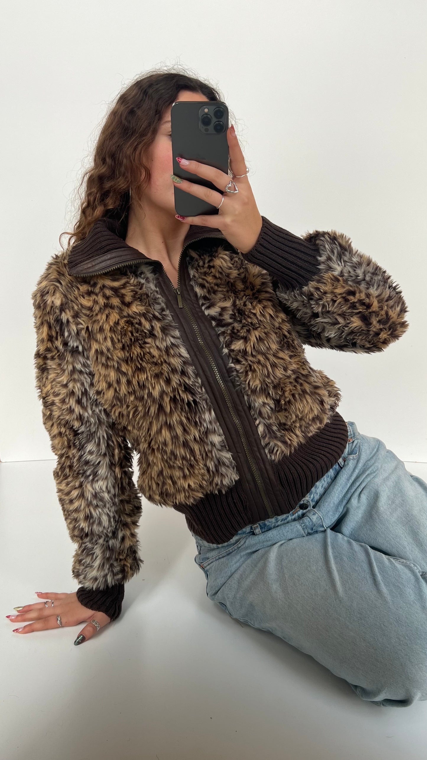 00s brown leopard print fur jacket- size XL
