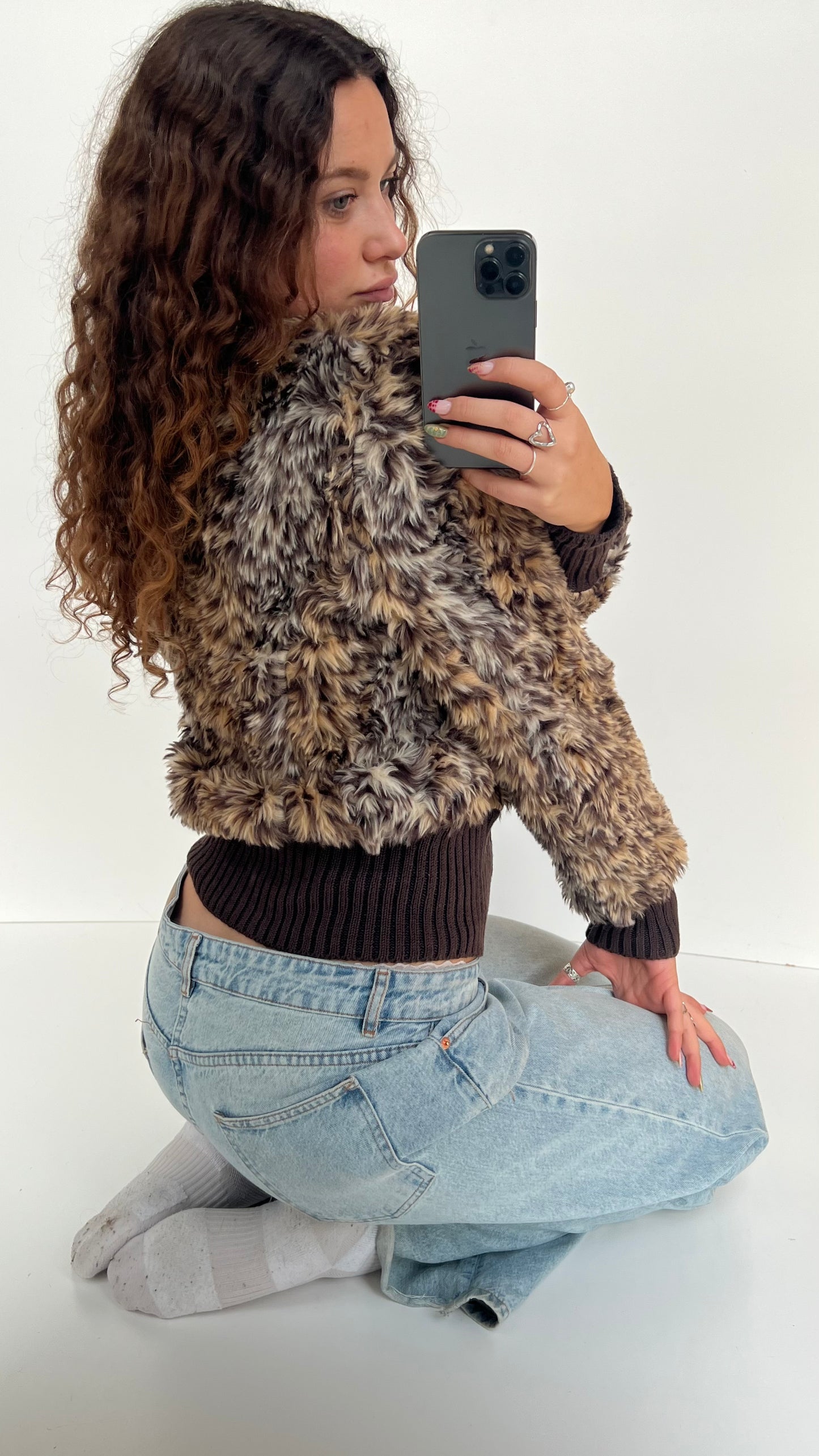 00s brown leopard print fur jacket- size XL
