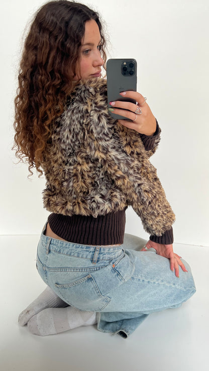 00s brown leopard print fur jacket- size XL