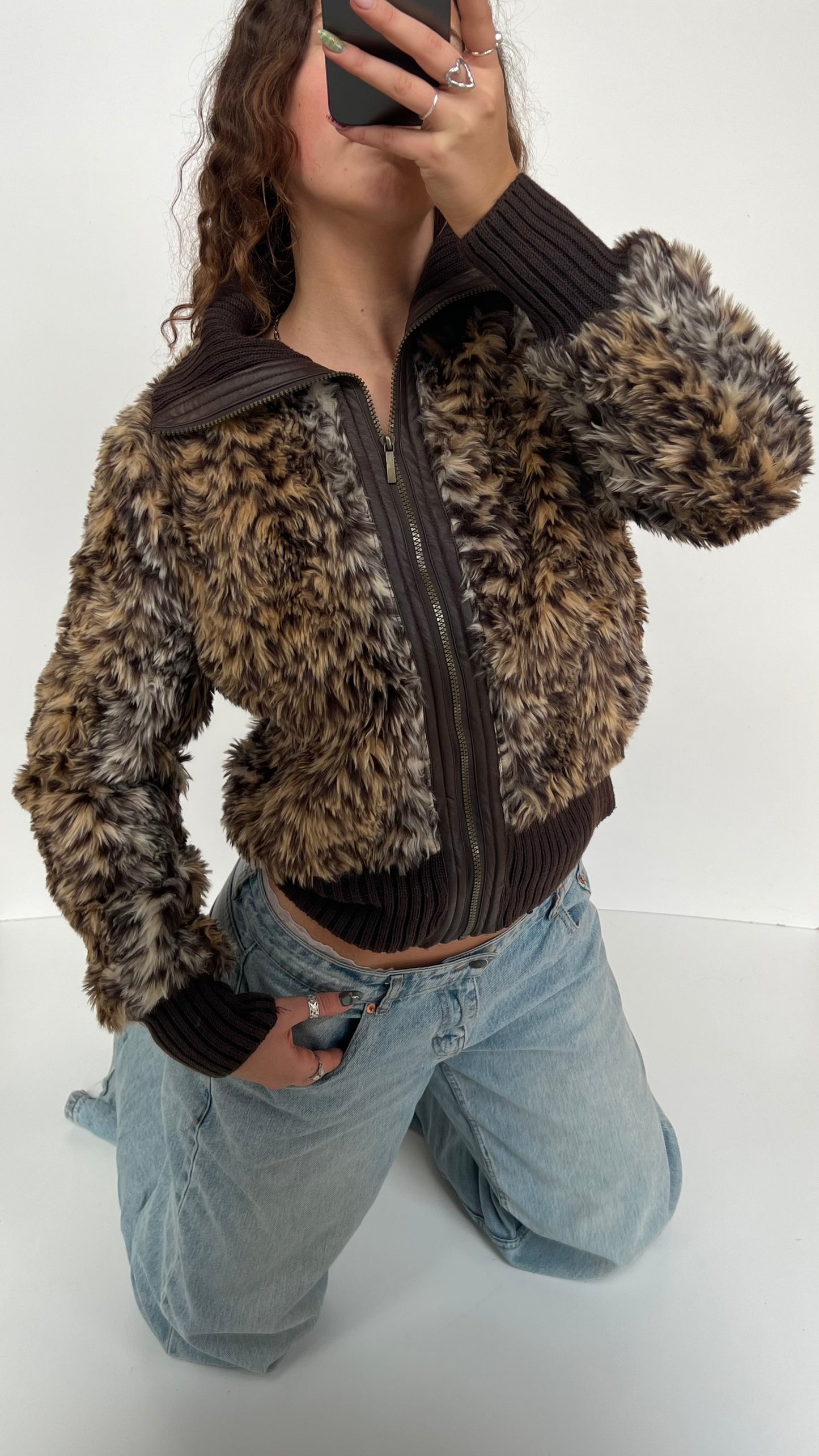 00s brown leopard print fur jacket- size XL