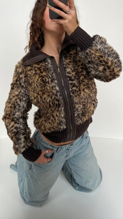 00s brown leopard print fur jacket- size XL