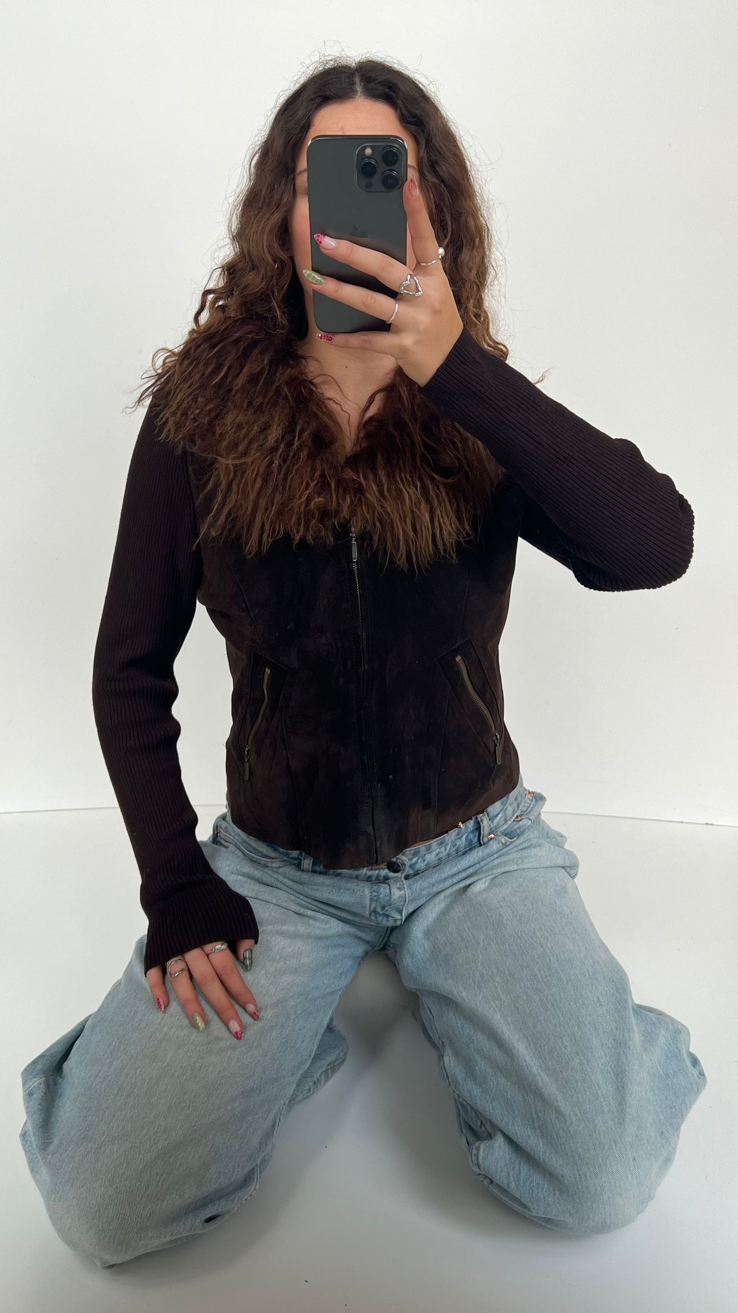 00s brown fur suede jacket- size M/L