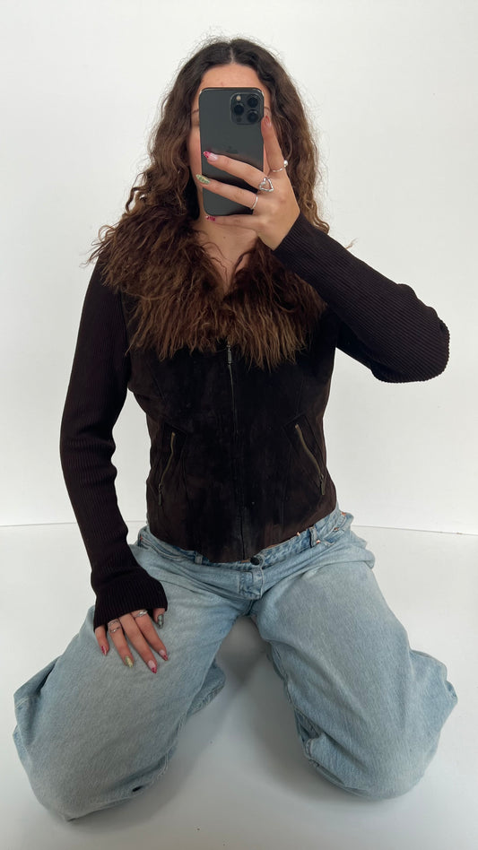 00s brown fur suede jacket- size M/L