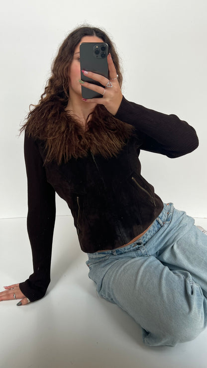 00s brown fur suede jacket- size M/L