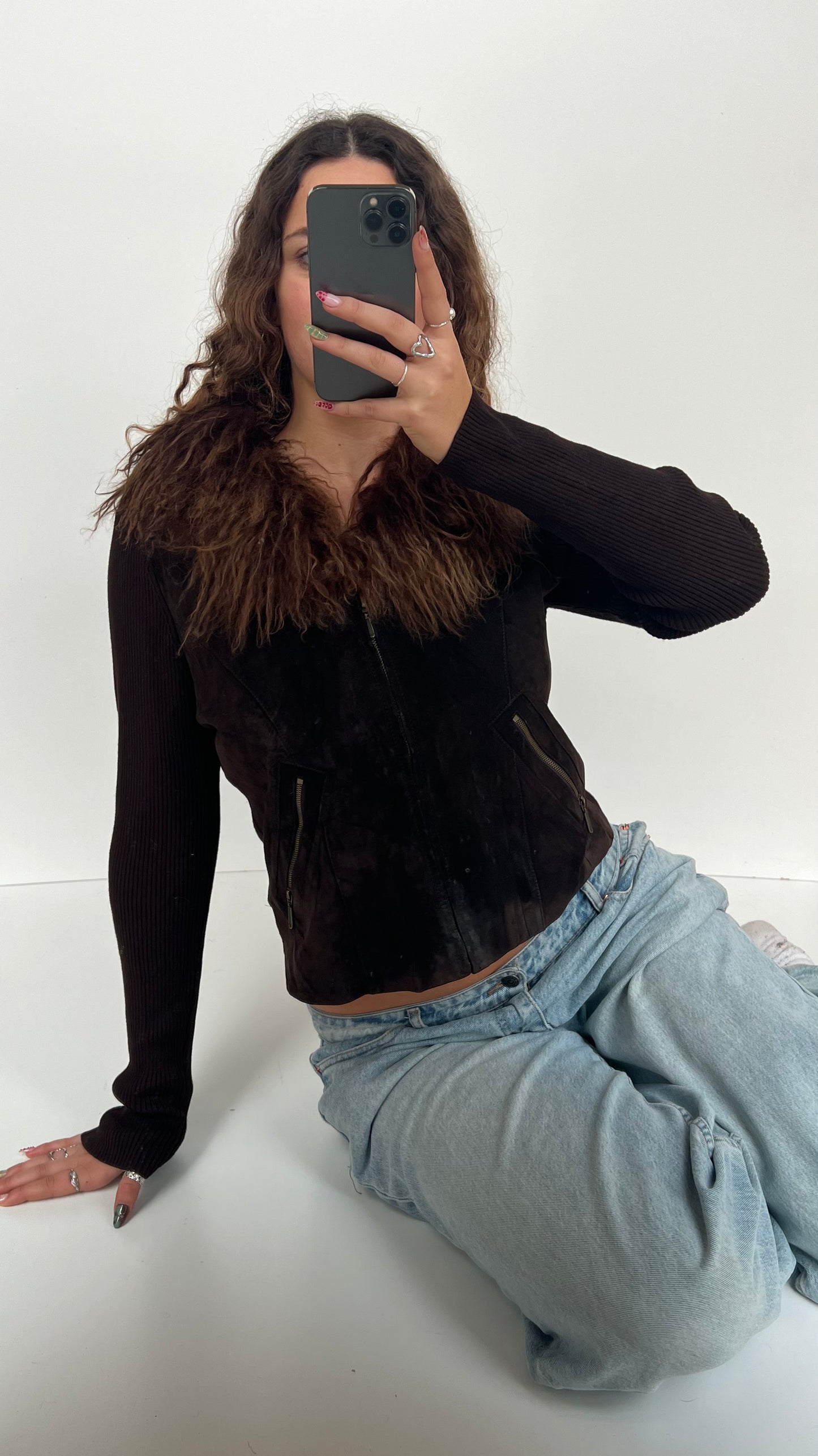 00s brown fur suede jacket- size M/L