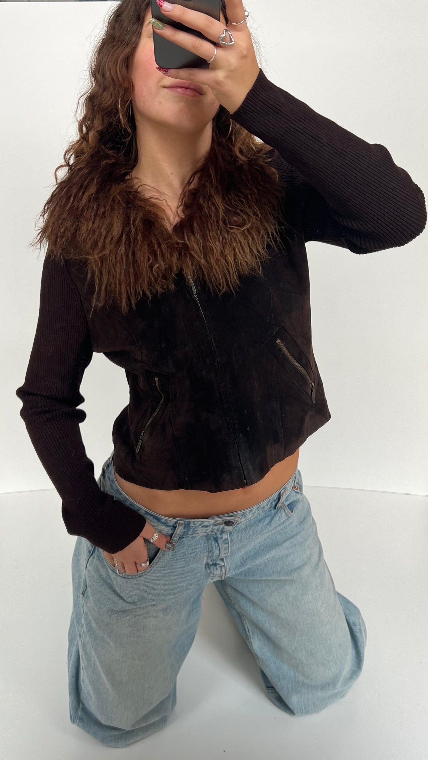 00s brown fur suede jacket- size M/L