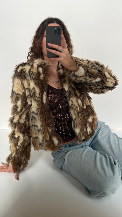 00s brown cream fur jacket- size m