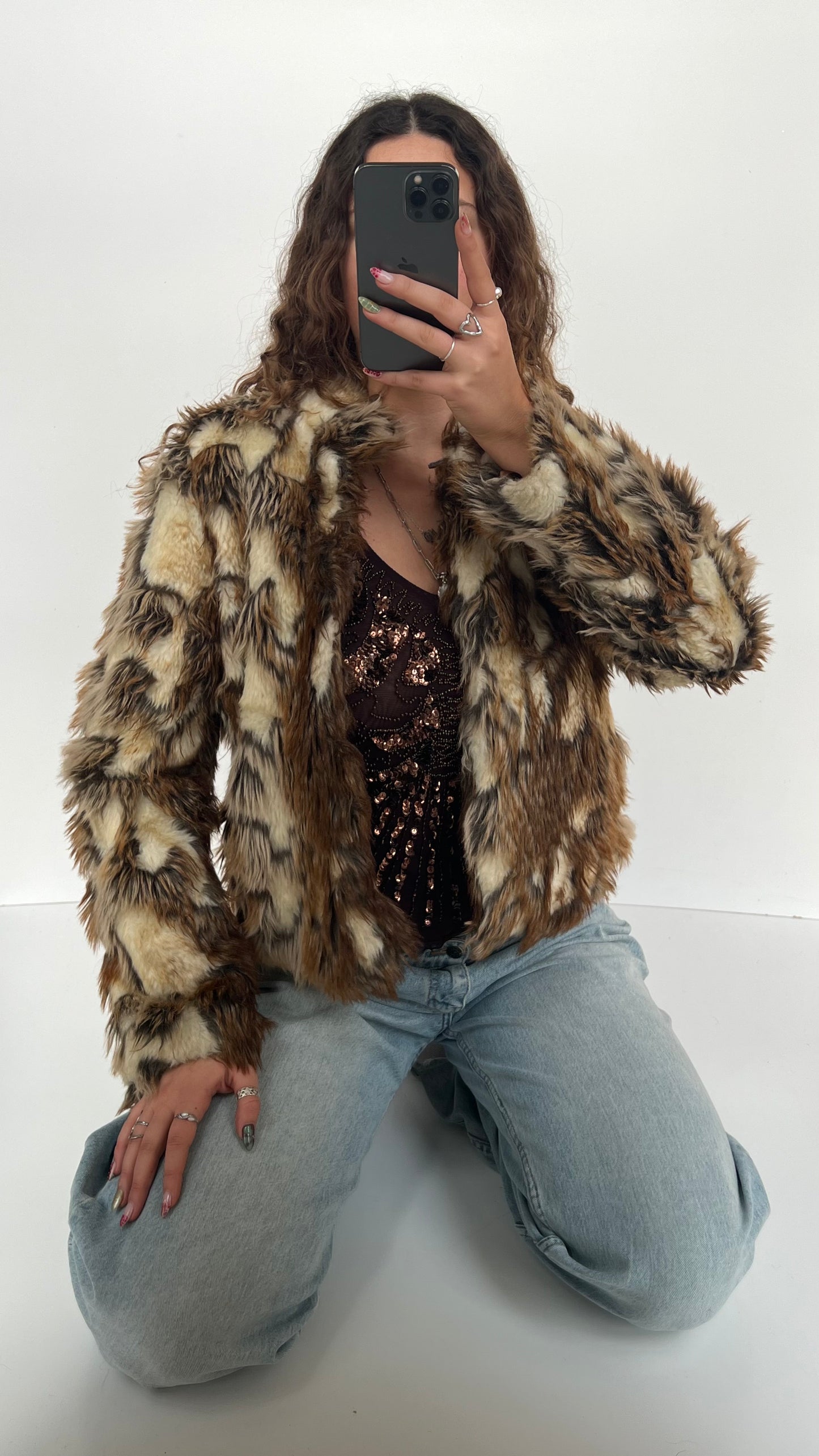 00s brown cream fur jacket- size m