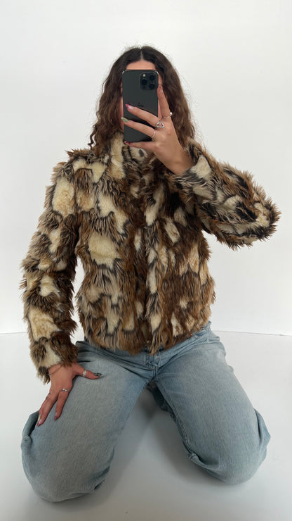 00s brown cream fur jacket- size m