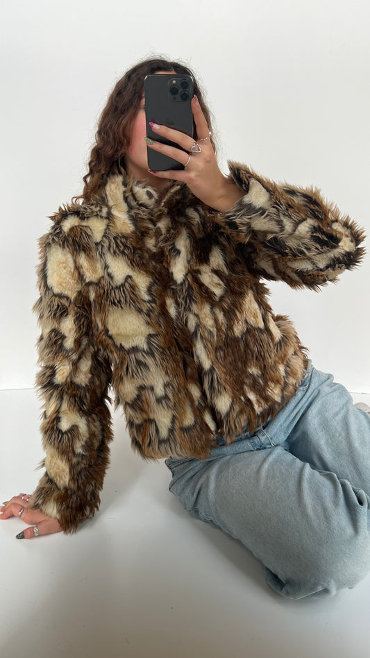 00s brown cream fur jacket- size m