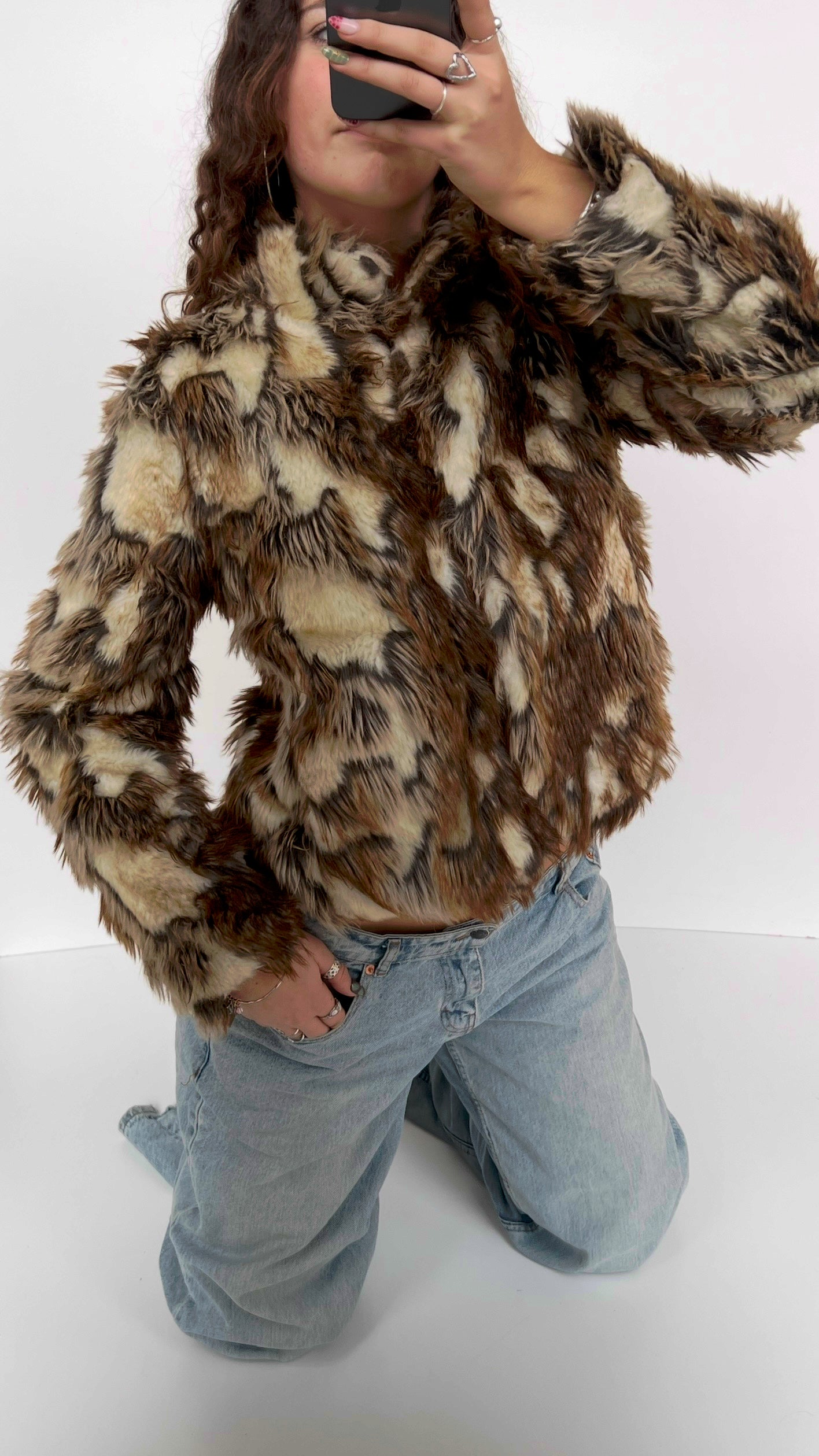 00s brown cream fur jacket- size m
