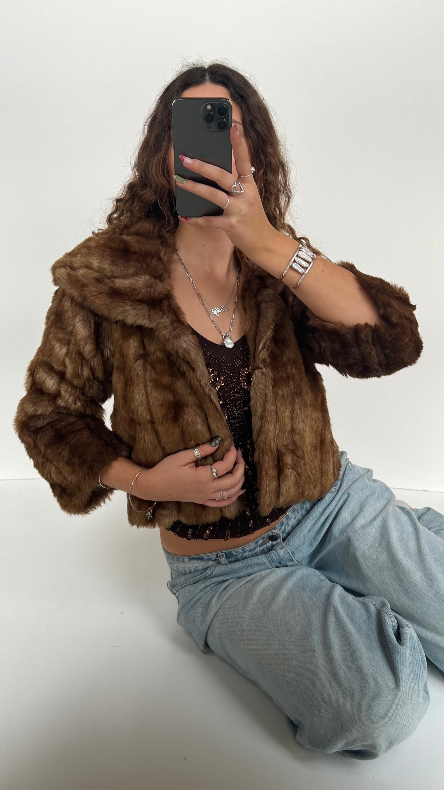 00s brown fur jacket- size S