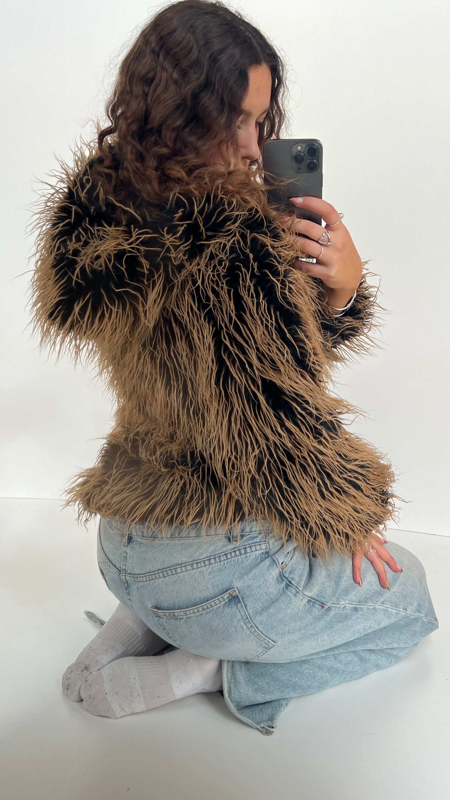 00s orange black fur jacket- size S