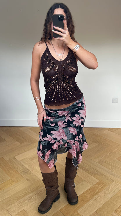 00s black pink floral midi skirt- size S