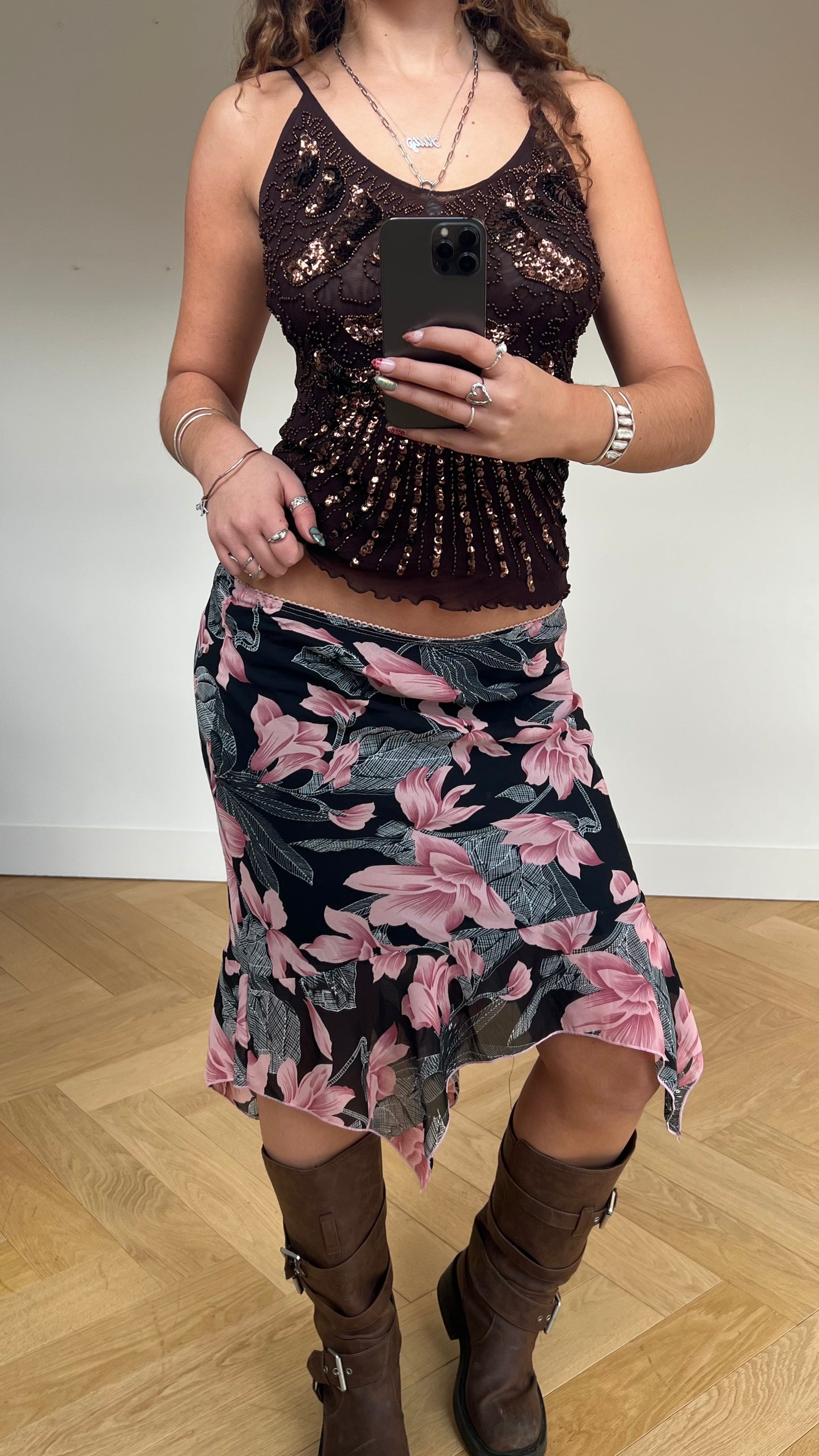 00s black pink floral midi skirt- size S