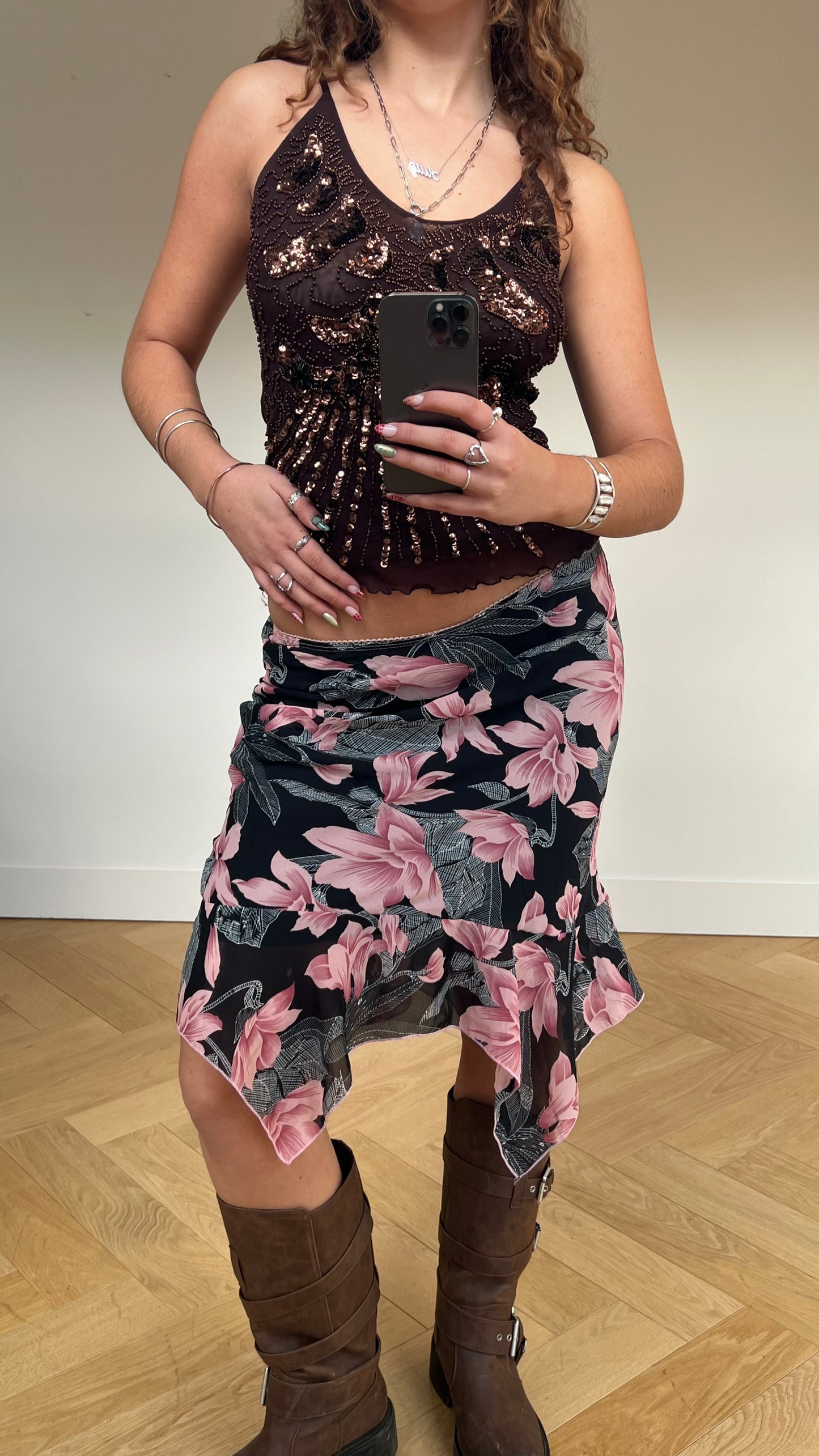 00s black pink floral midi skirt- size S