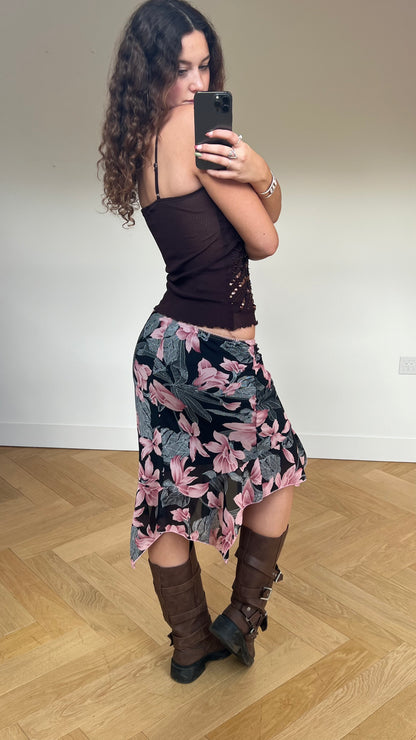 00s black pink floral midi skirt- size S