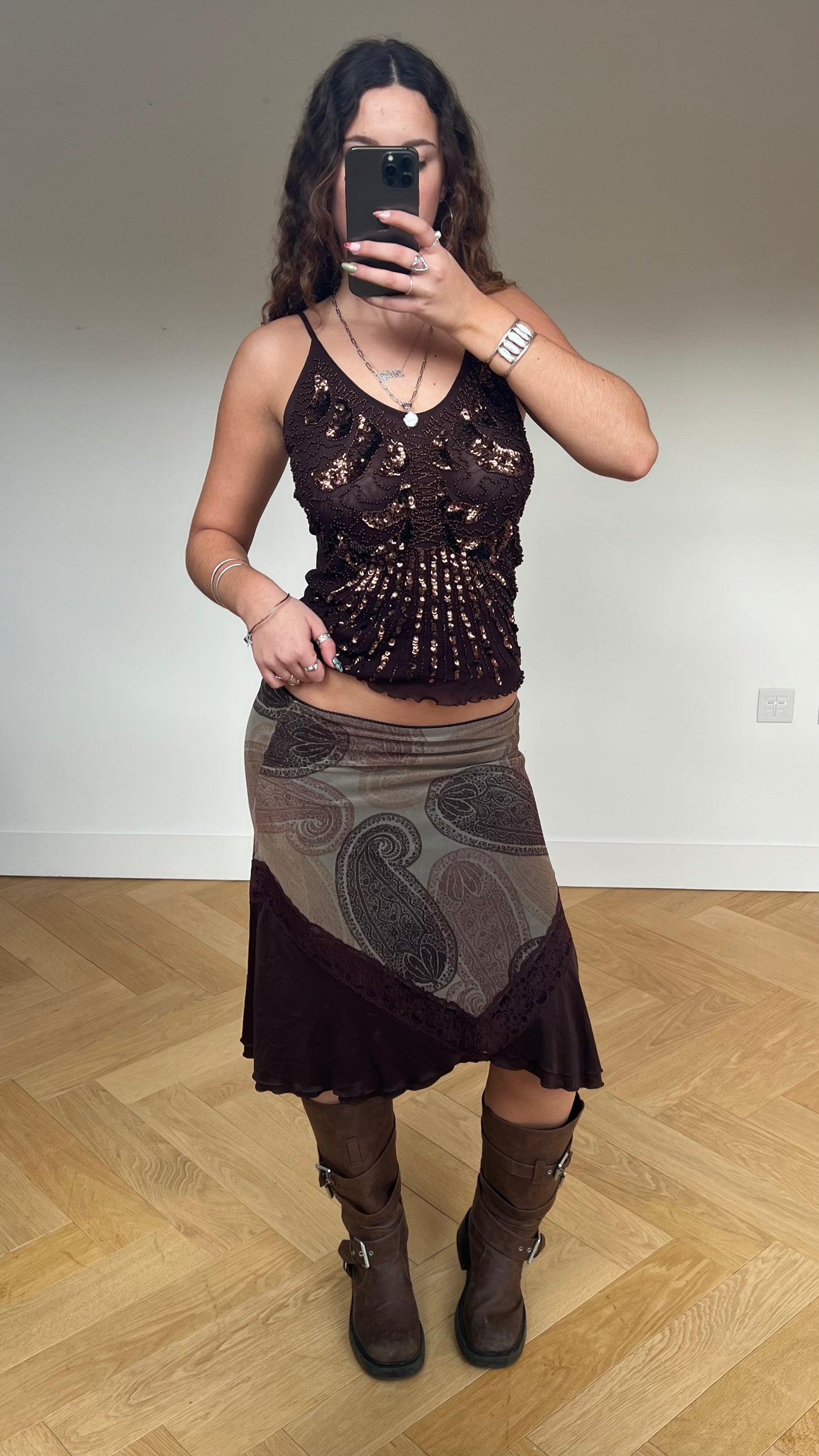 00s brown paisley midi skirt- size M