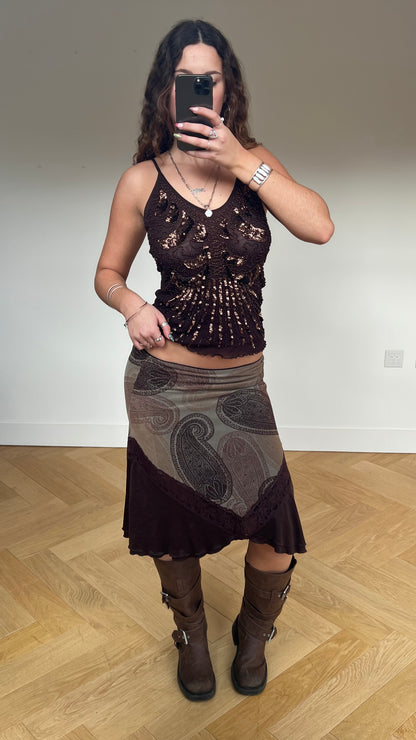 00s brown paisley midi skirt- size M