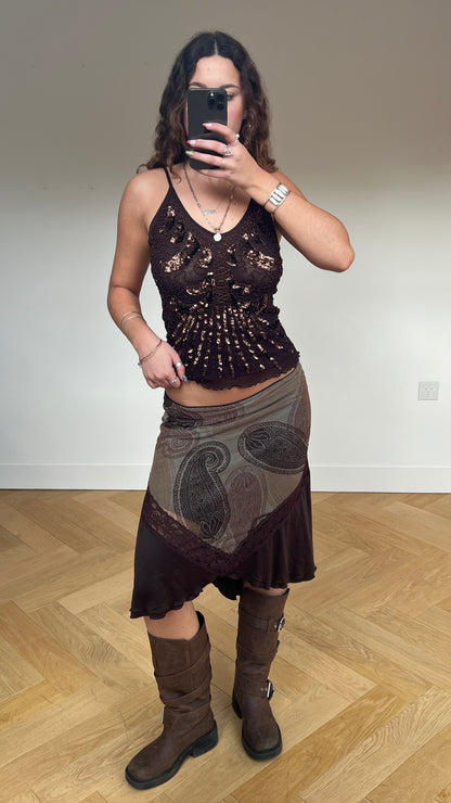 00s brown paisley midi skirt- size M