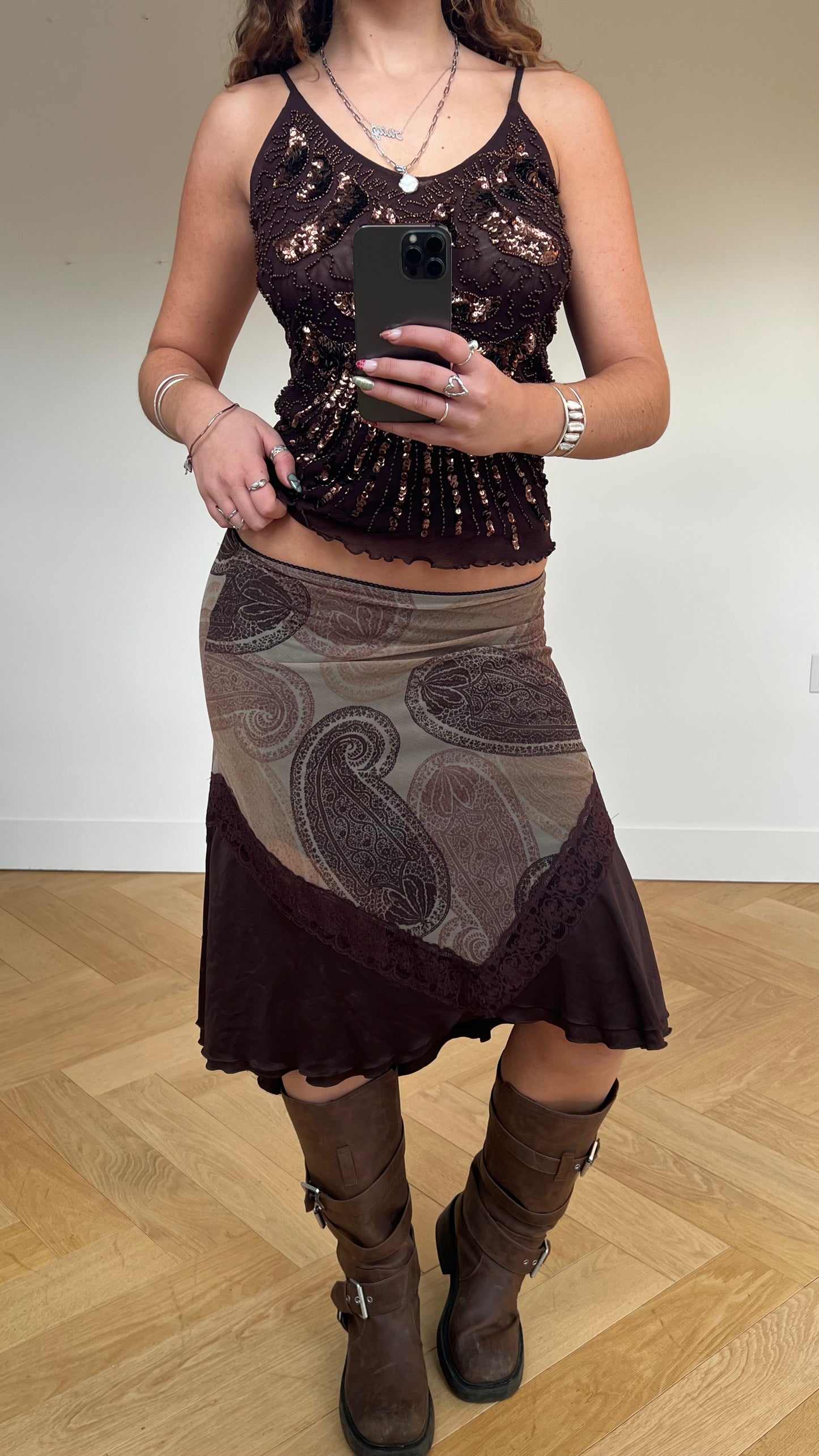 00s brown paisley midi skirt- size M