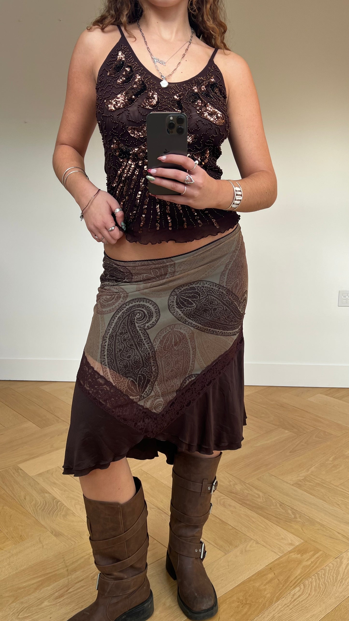 00s brown paisley midi skirt- size M