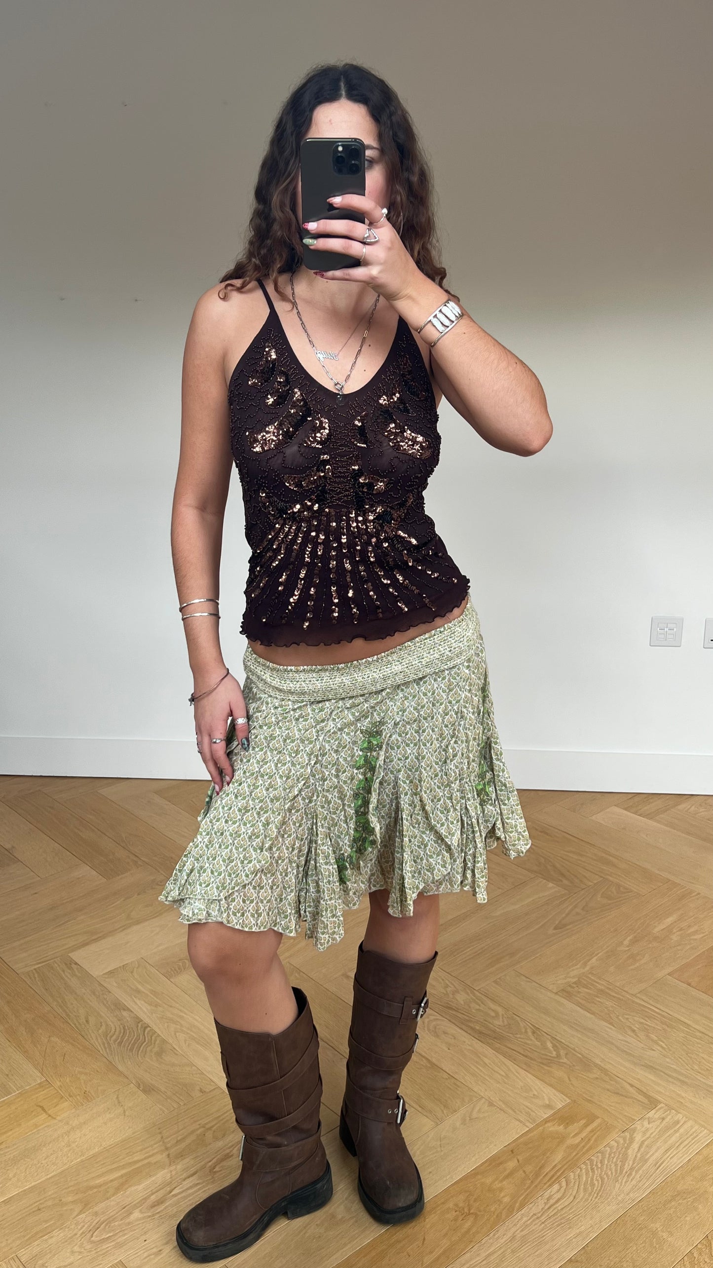 00s green floral midi skirt- size S