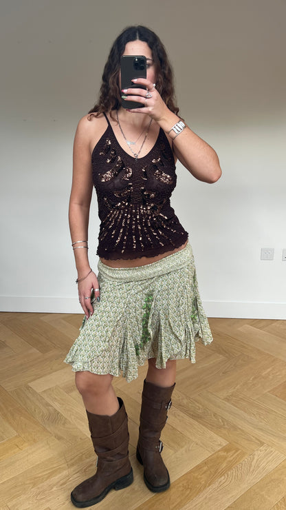 00s green floral midi skirt- size S
