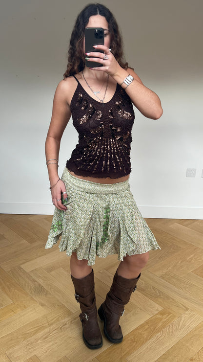 00s green floral midi skirt- size S