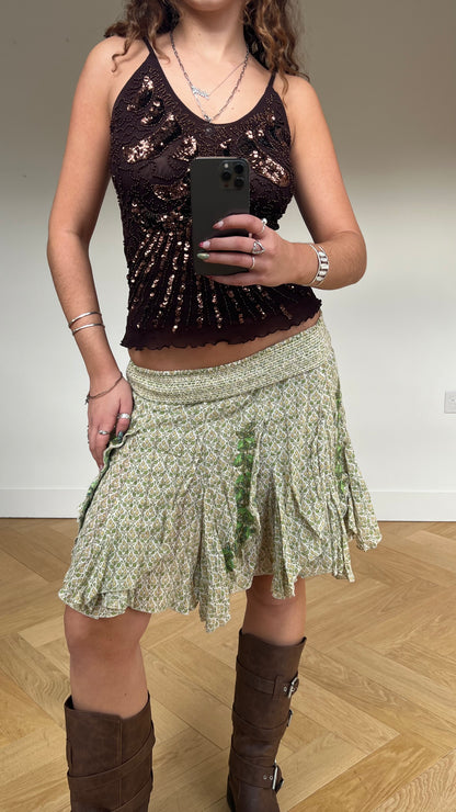 00s green floral midi skirt- size S
