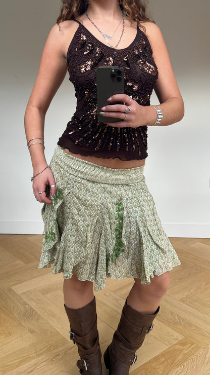 00s green floral midi skirt- size S