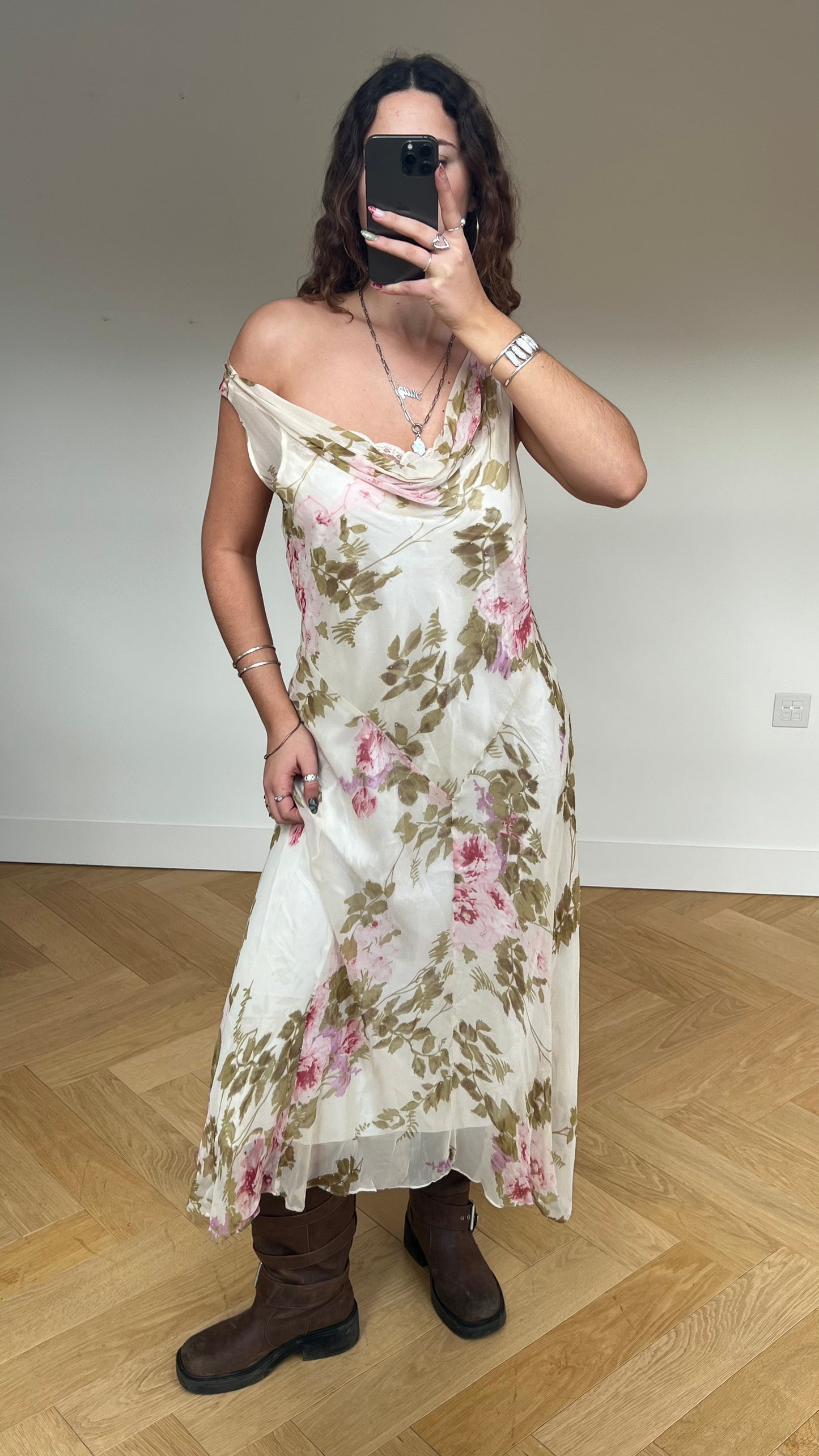 00s cream pink floral silk maxi dress- size XL