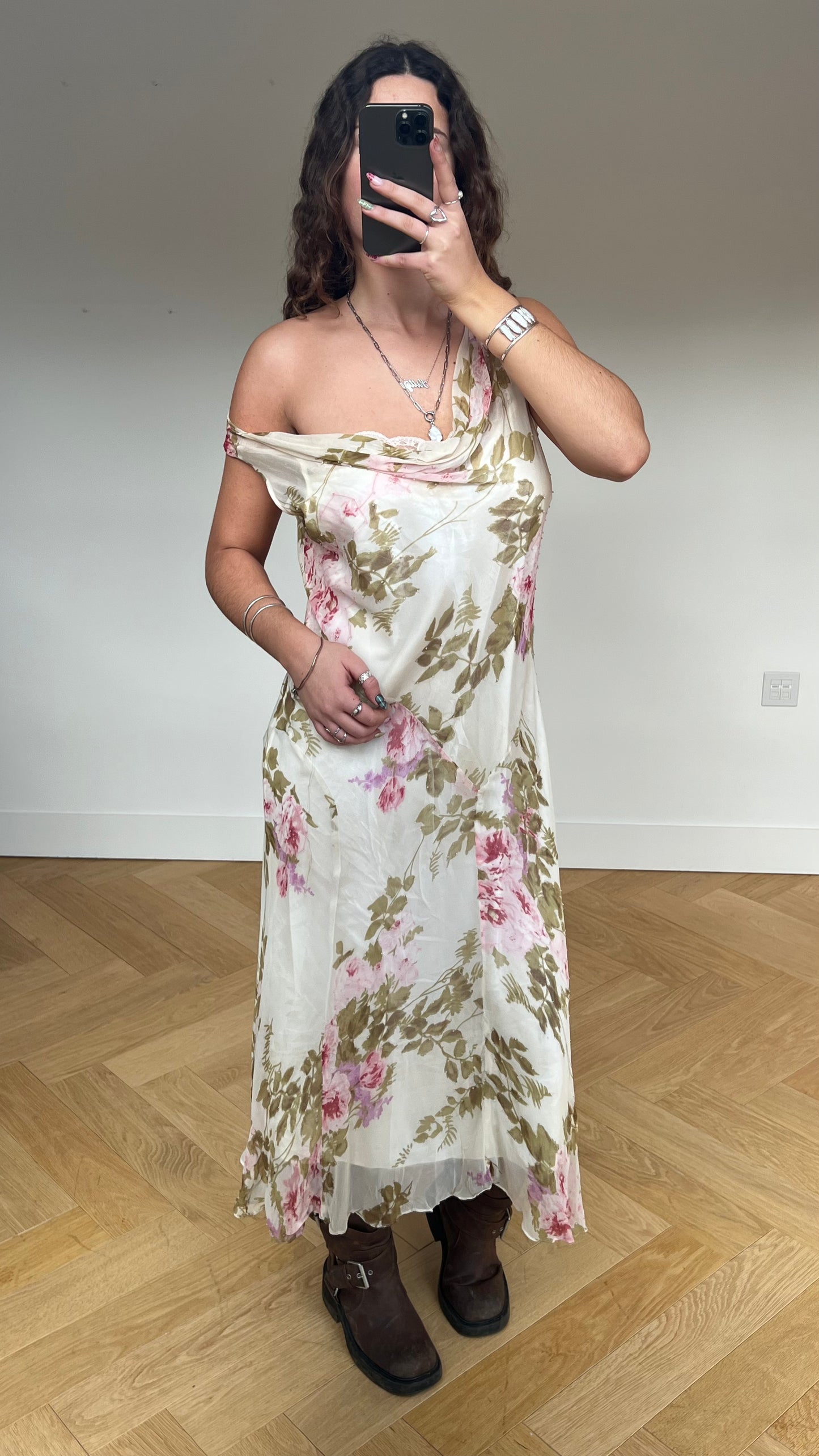 00s cream pink floral silk maxi dress- size XL