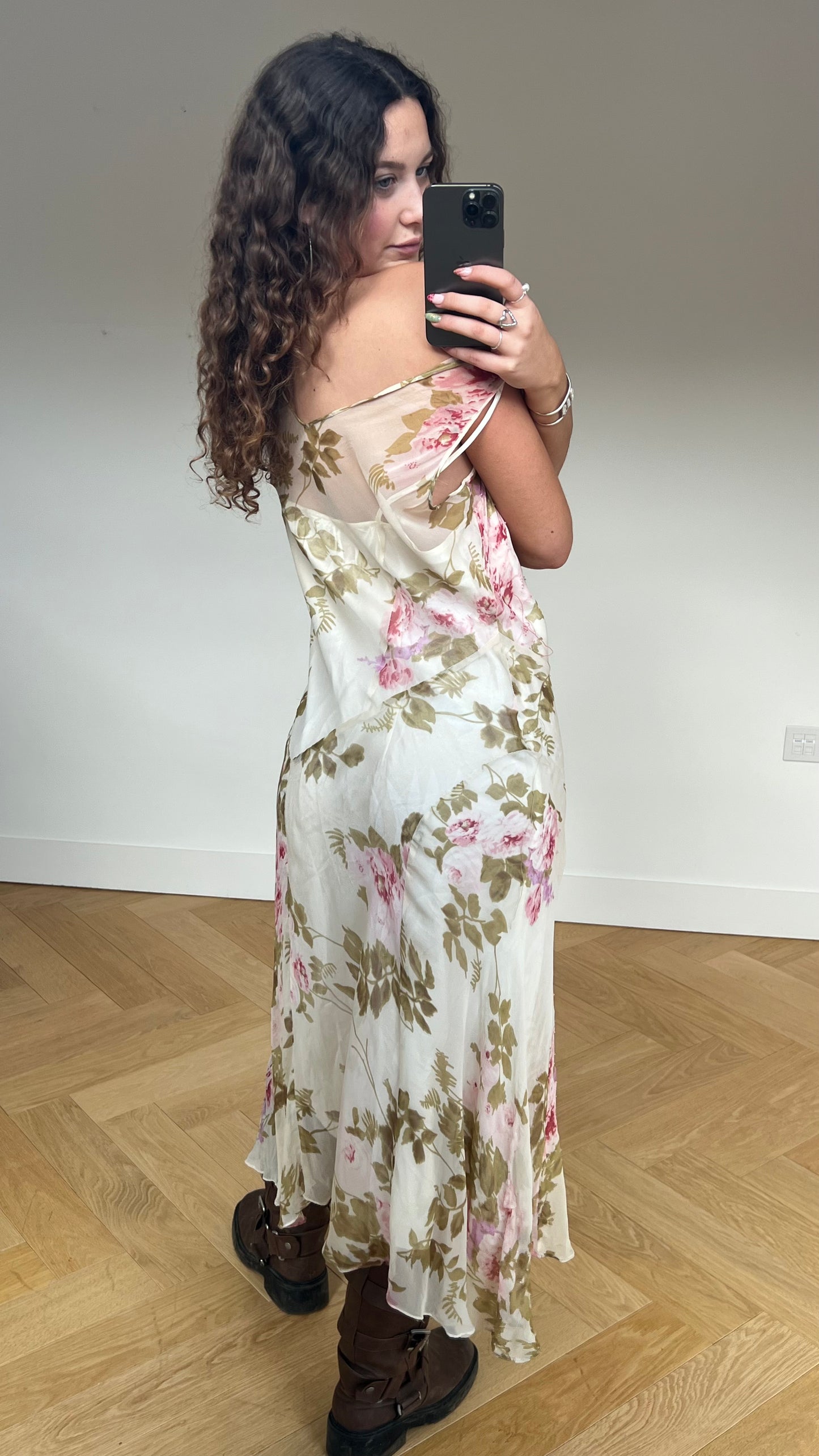 00s cream pink floral silk maxi dress- size XL